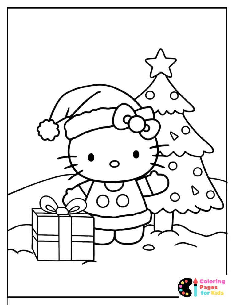 hello kitty with present and christmas tree coloring in