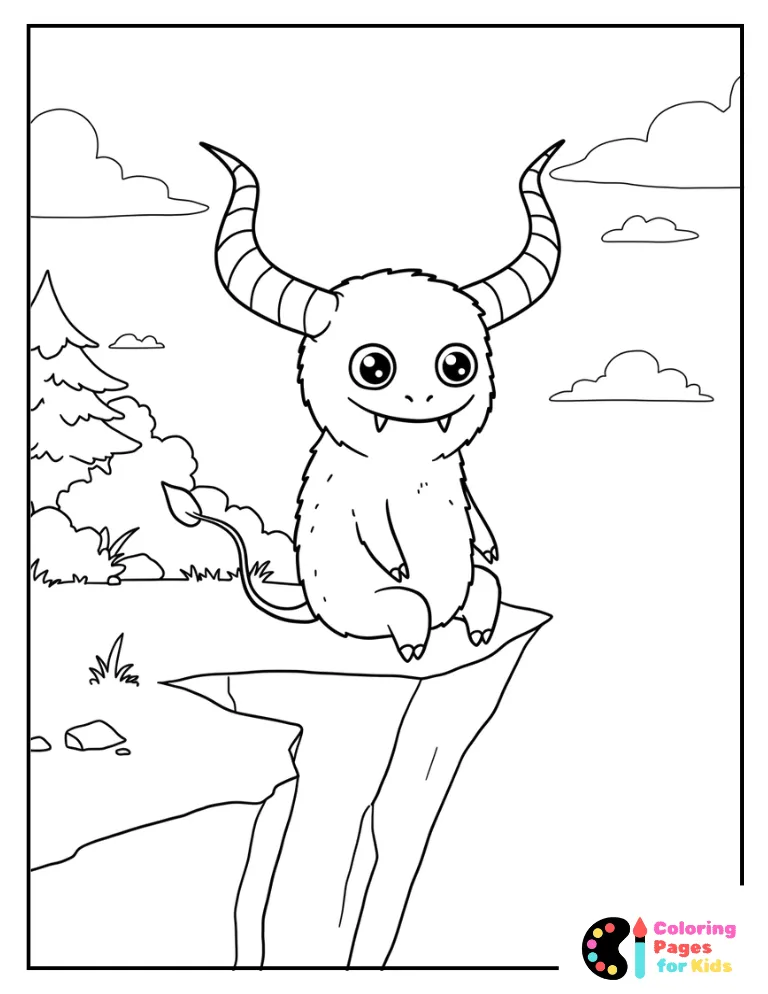 horned monster sitting on a cliff coloring page