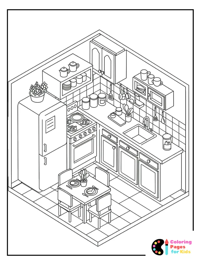 isometric kitchen coloring page