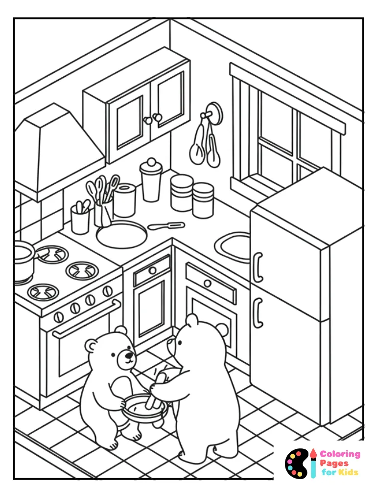 isometric kitchen with bears coloring sheet