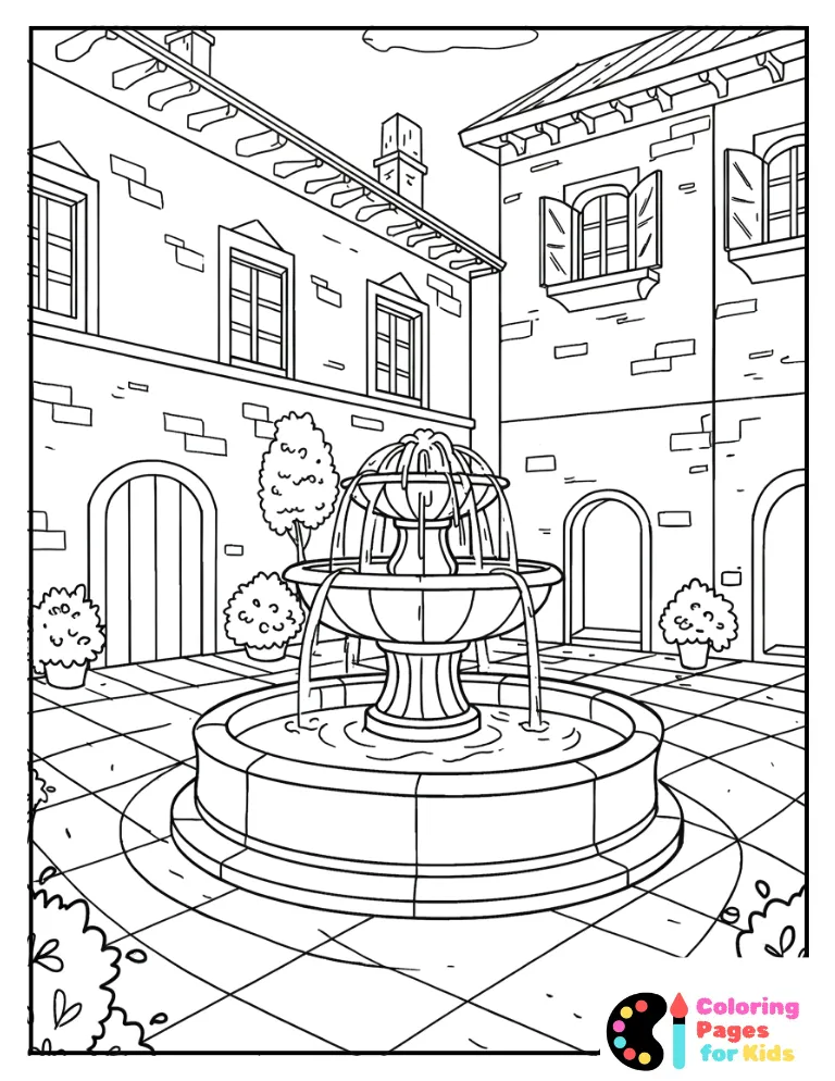 Architecture Coloring Pages for Kids (Free PDF Printable) 8 italian villa courtyard with fountain coloring page
