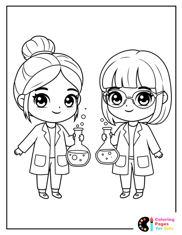 kawaii girl scientists with flasks coloring page