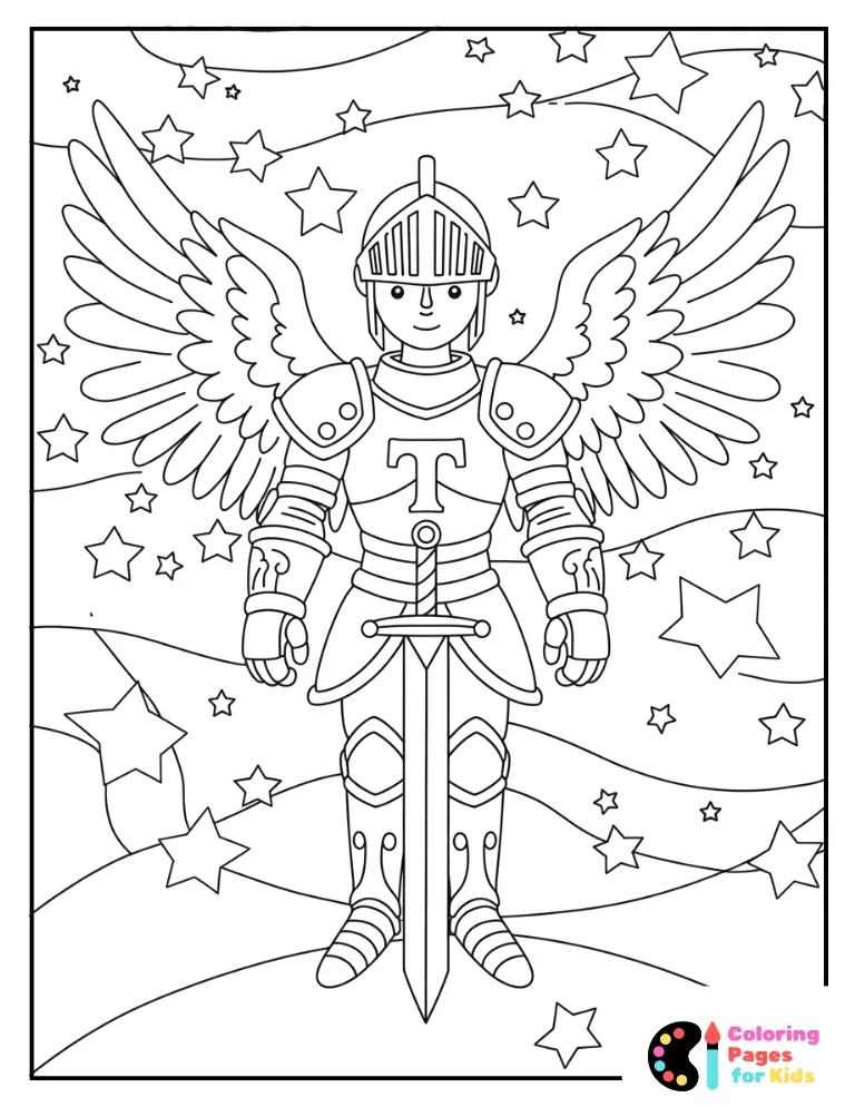knight with angel wings under starry sky coloring page