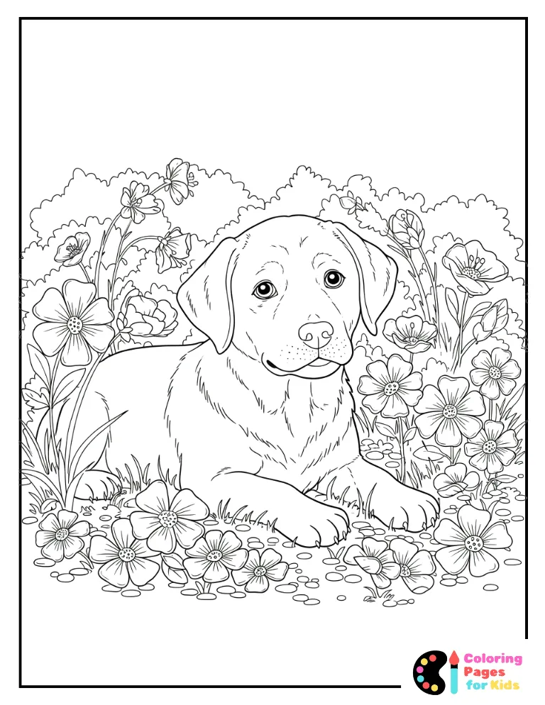 lab puppy resting on a soft bed of flowers
