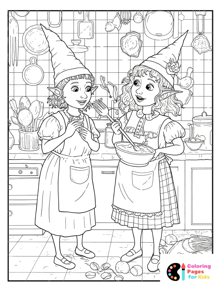 magical creatures cooking in the kitchen coloring page