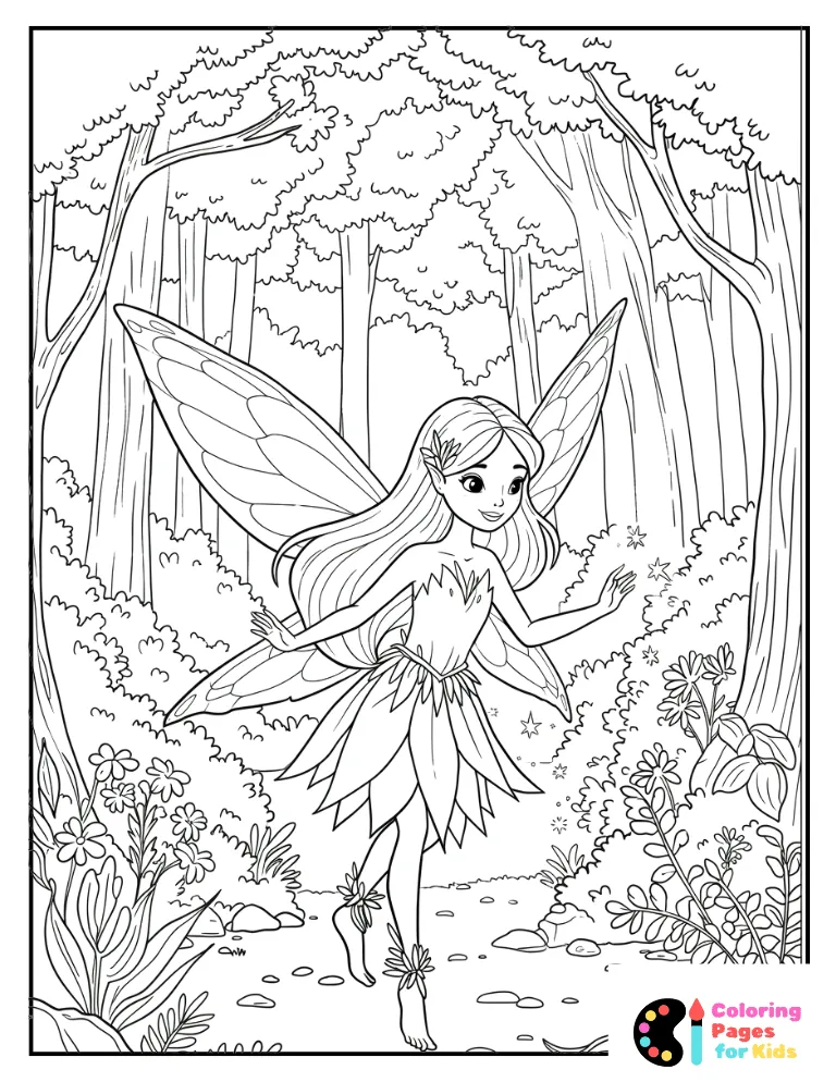 magical fairy casting spells in forest coloring page