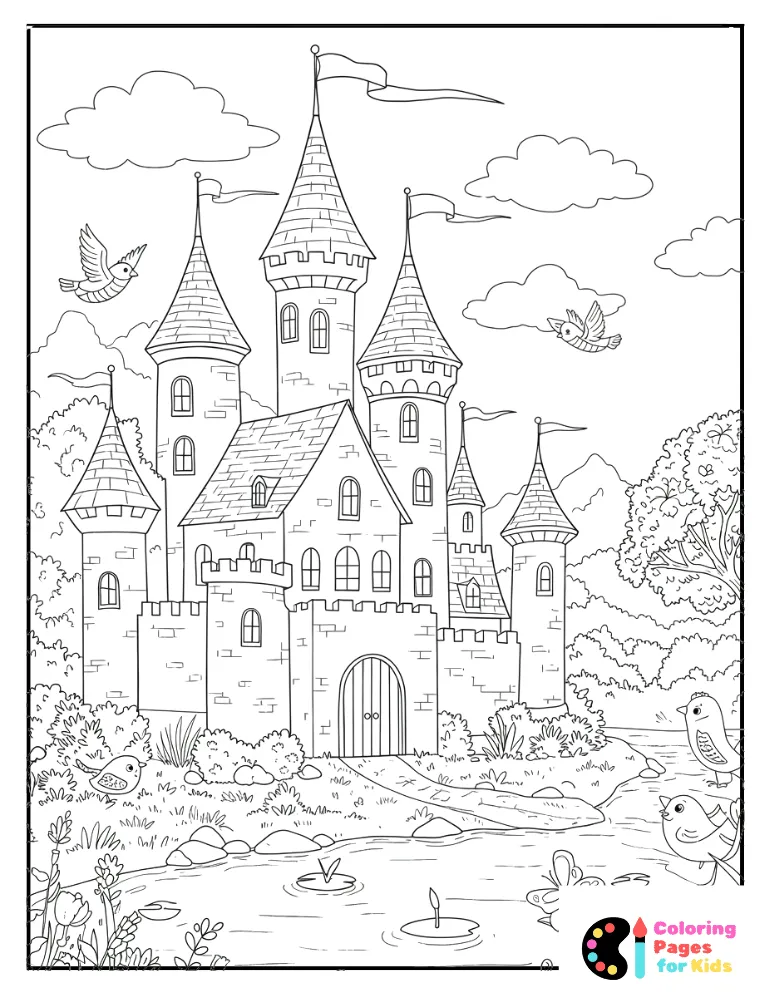 majestic castle near a lake coloring page