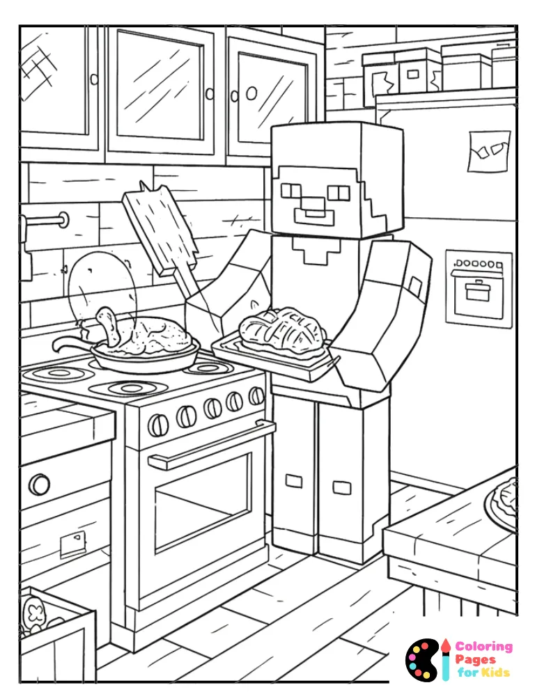 minecraft steve cooking coloring page