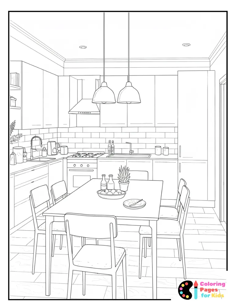 modern kitchen with dining table coloring page