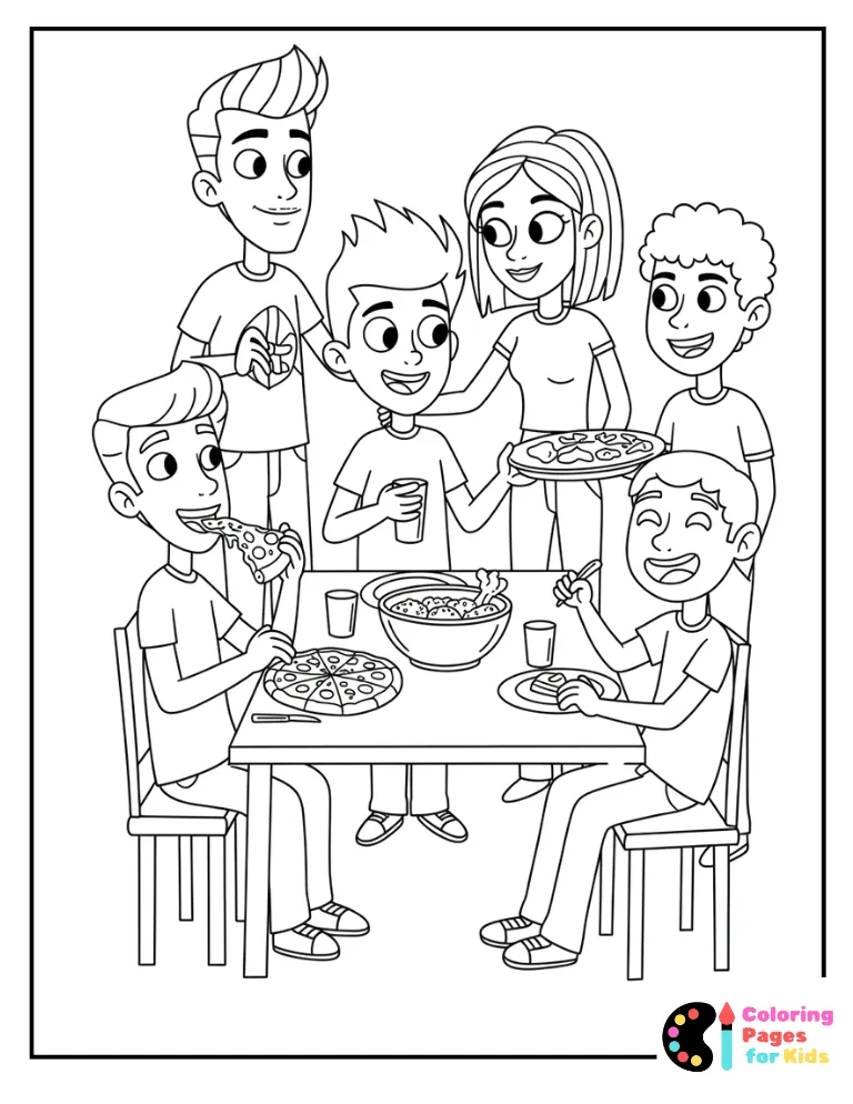 monica, chandler, joey, ross, and rachel in the dining room coloring page in chef mode