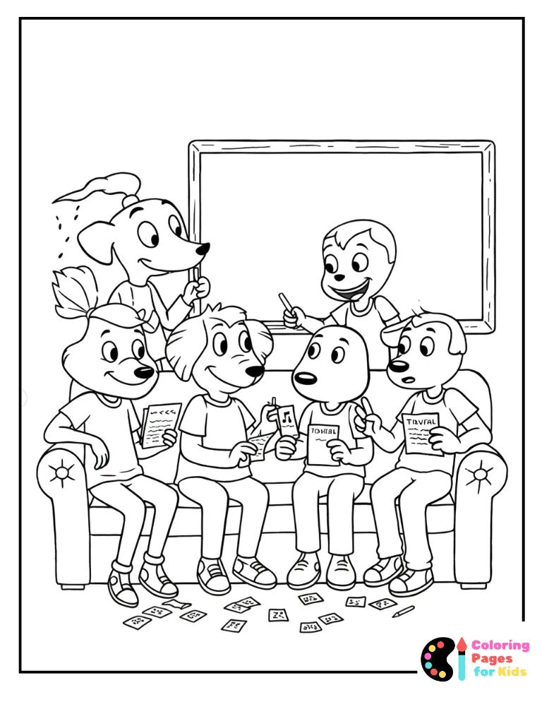 monica, rachel, phoebe, joey, and chandler playing trivia on couch