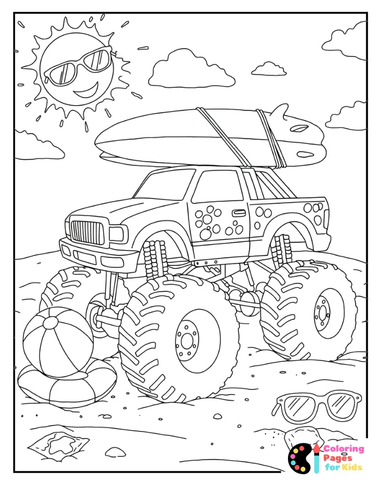 monster truck at the beach coloring pagemonster truck coloring page for kidsmonster truck coloring pagetruck in the forest coloring page for kids