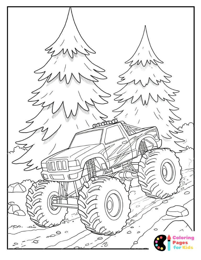 monster truck in the forest coloring page for kids