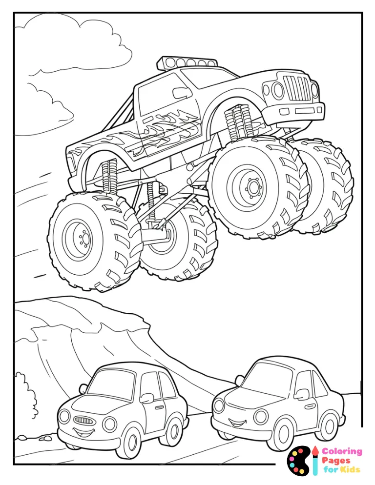 monster truck jumping over cars coloring page