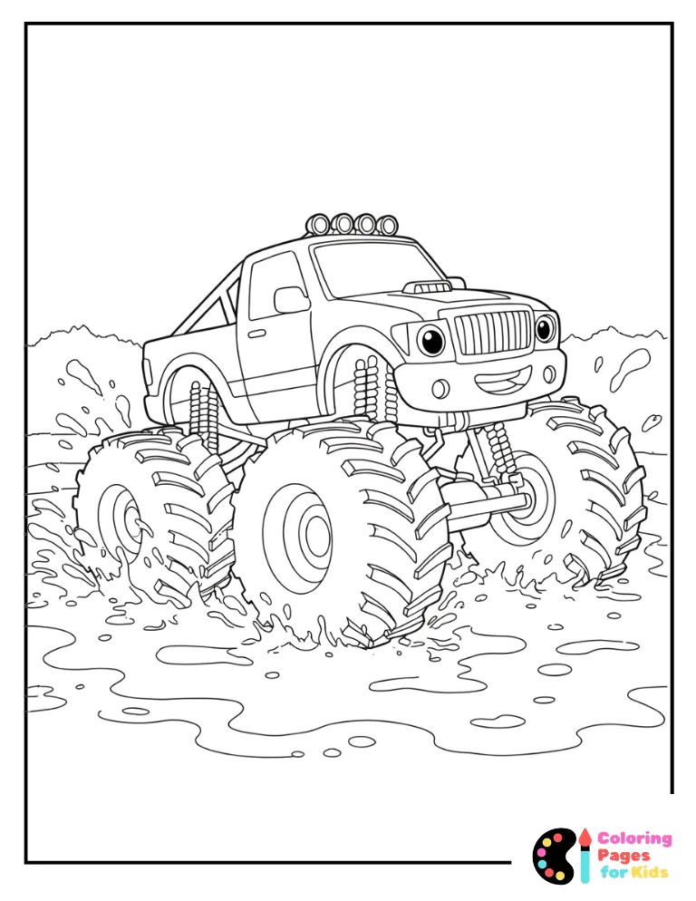 monster truck splashing in the mud coloring page for kids
