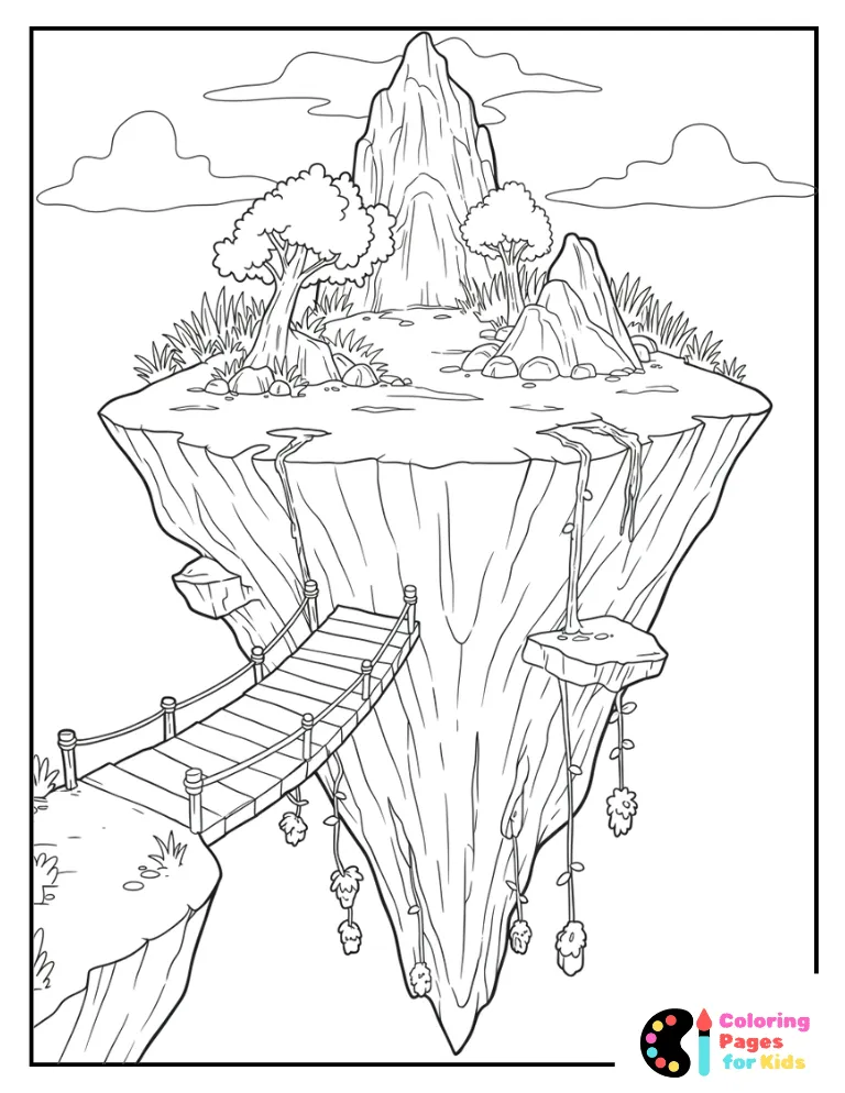 mystical floating island with bridges coloring page