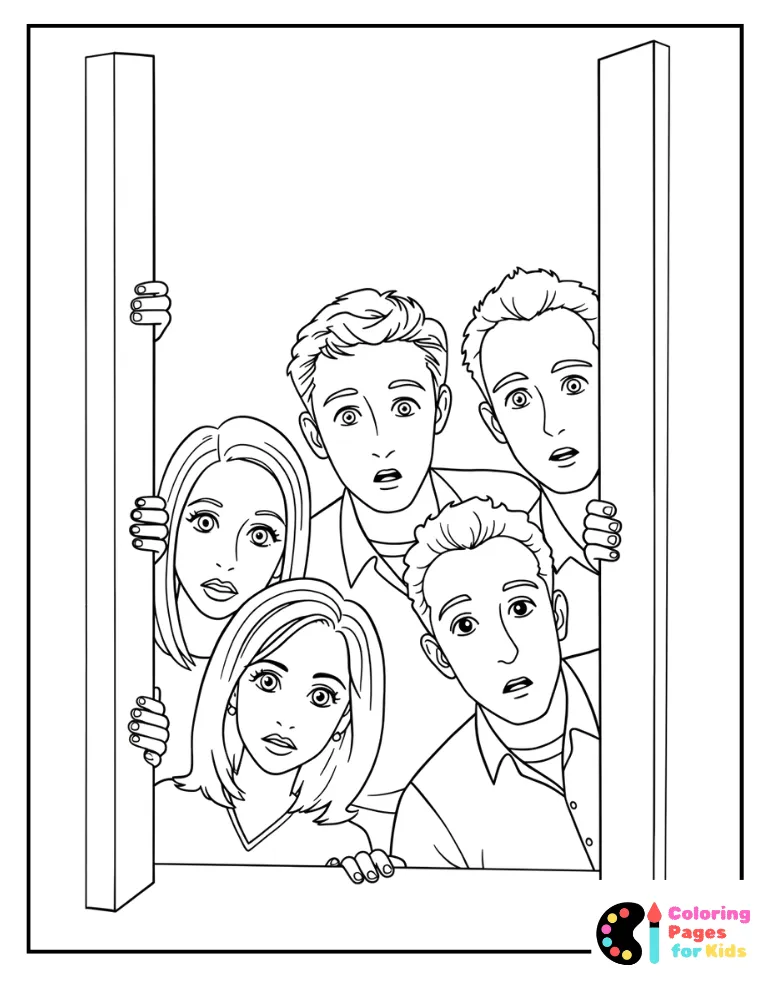 phoebe, joey, chandler, and monica eavesdropping coloring sheet