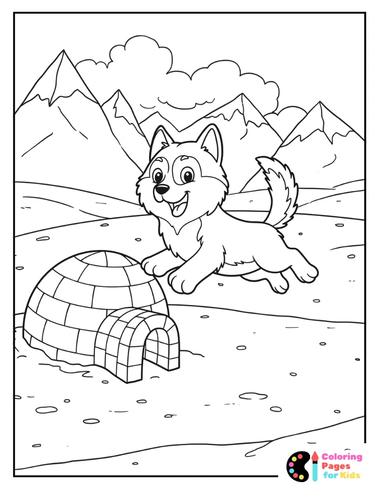 playful husky pup in a snowy landscape with igloo & peaks