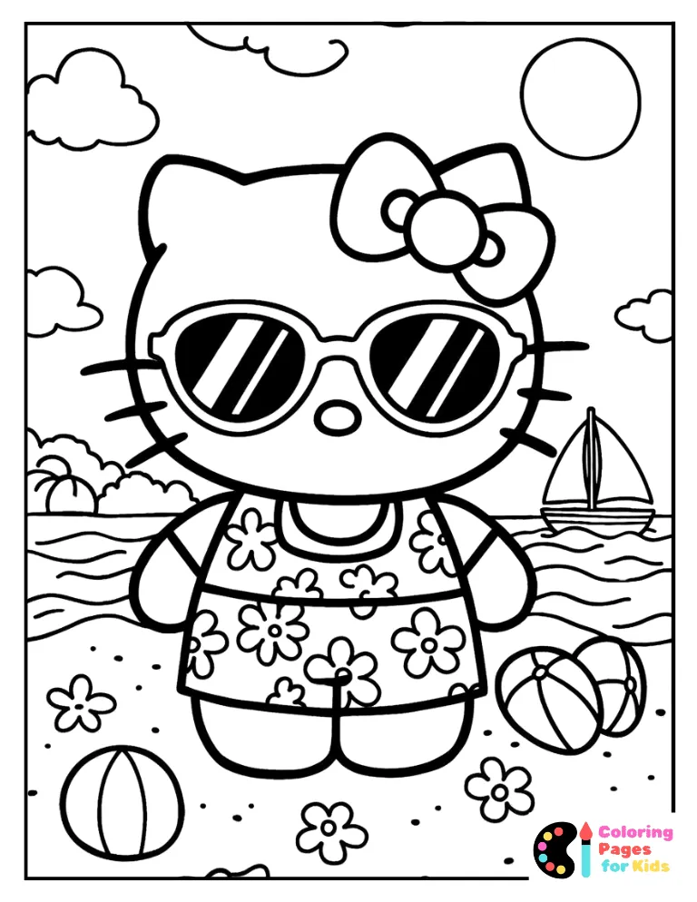 pretty hello kitty at the beach with a sailboat behind her