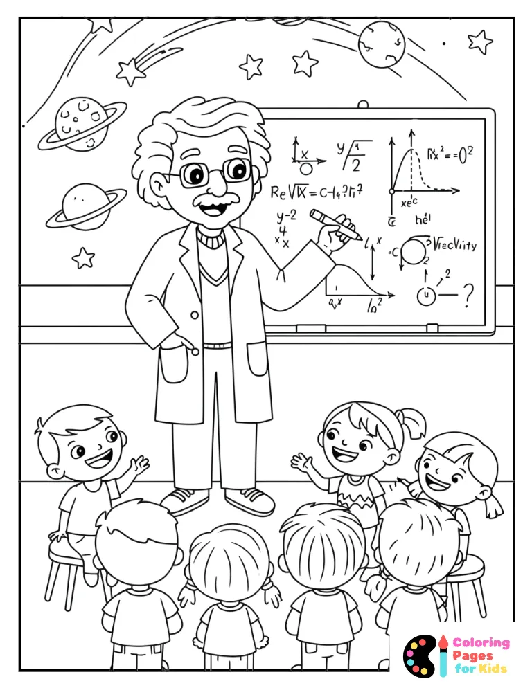 professor teaching relativity theory coloring page