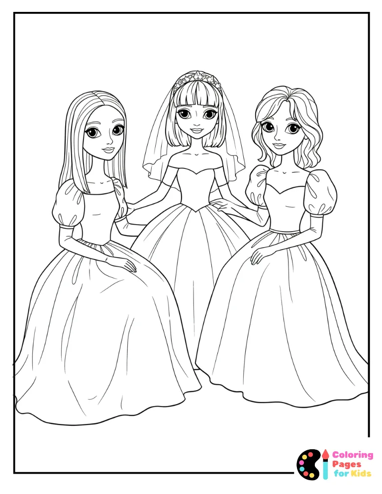rachel, monica, and phoebe in bridal gowns coloring page