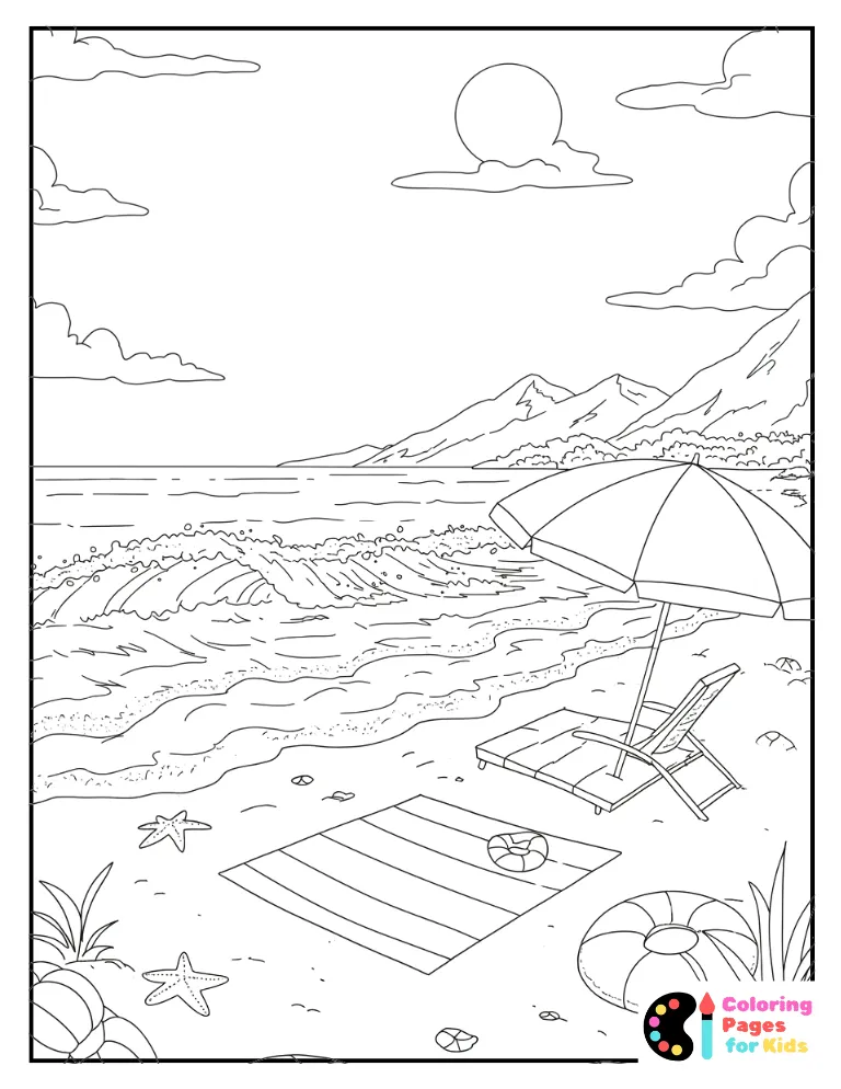 realistic beach with mountain view coloring sheet