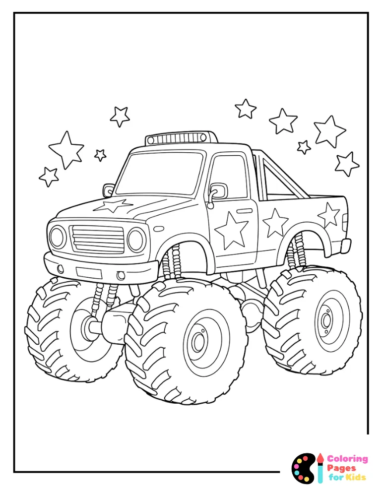 retro monster truck with stars coloring page
