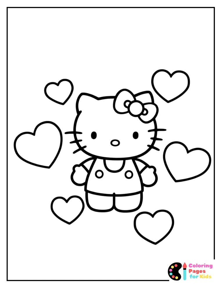 simple hello kitty with hearts outline coloring sheet