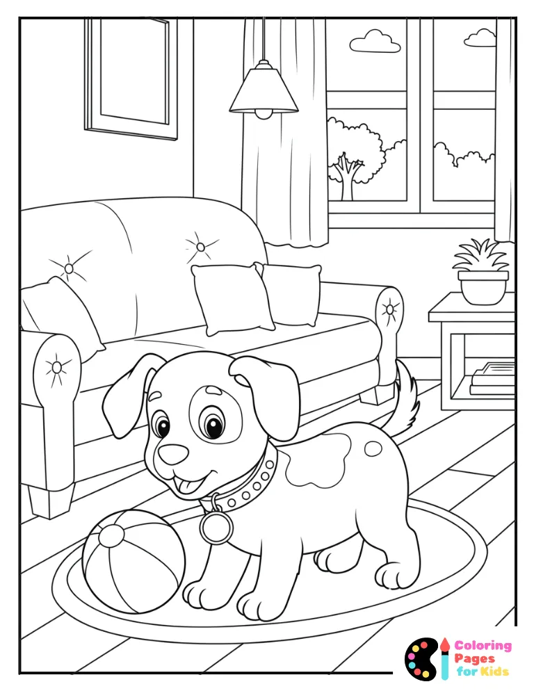 simple sketch of an indoor puppy playtime scene
