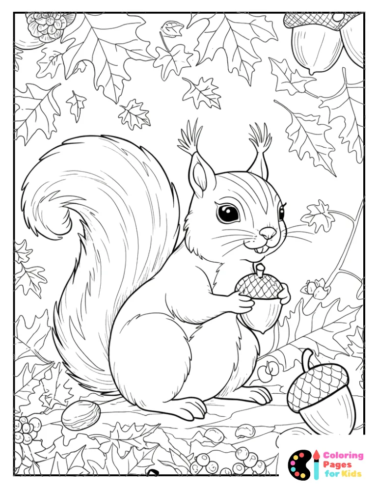 squirrel and acorn in leaves coloring sheet