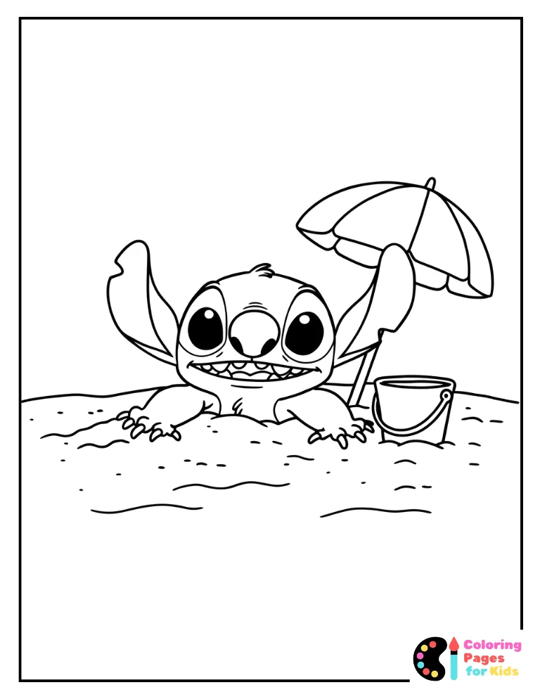 stitch burying himself in the sand at the beach