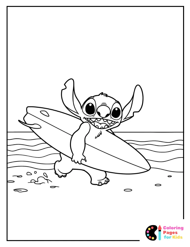 stitch running on the beach with a surfboard coloring sheet