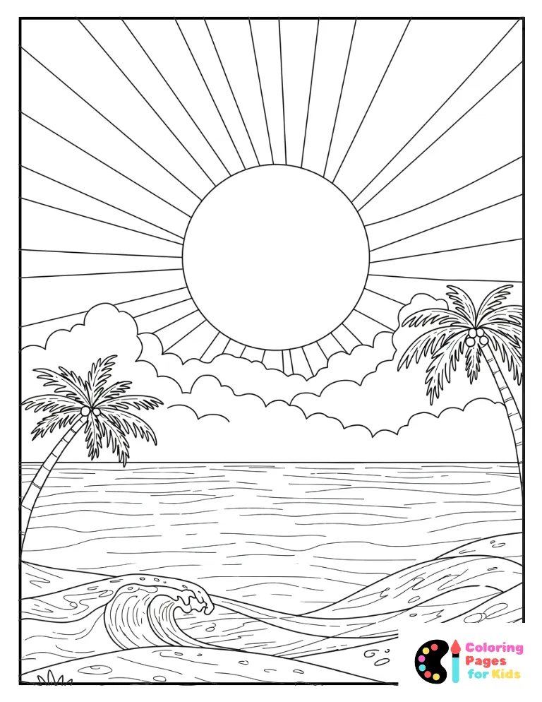 sun rising on the horizon at the beach coloring page
