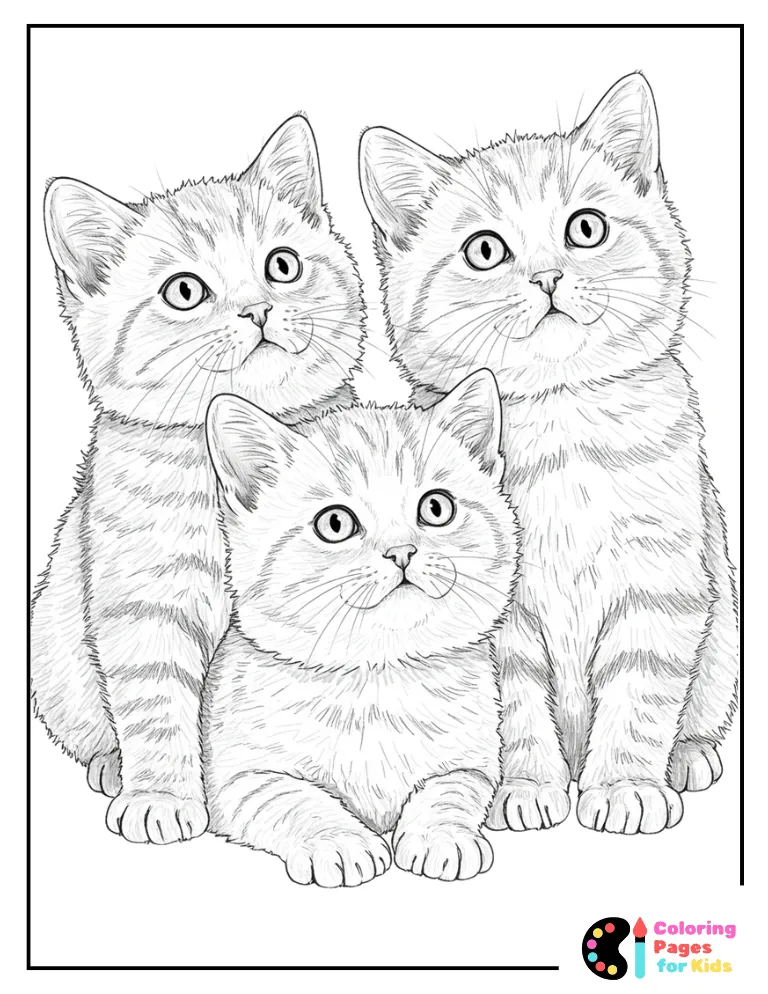 three realistic kittens looking up coloring page