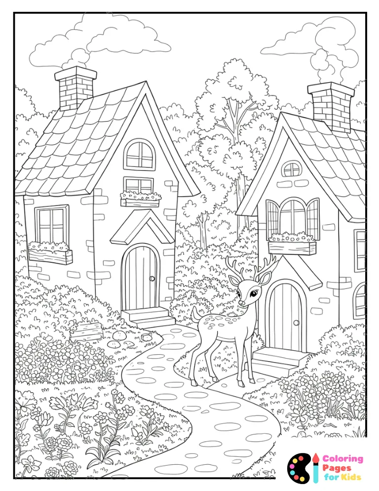 whimsical forest village with deer coloring page