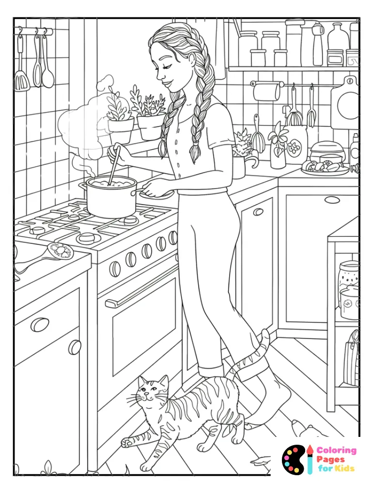 woman cooking with her cat coloring page