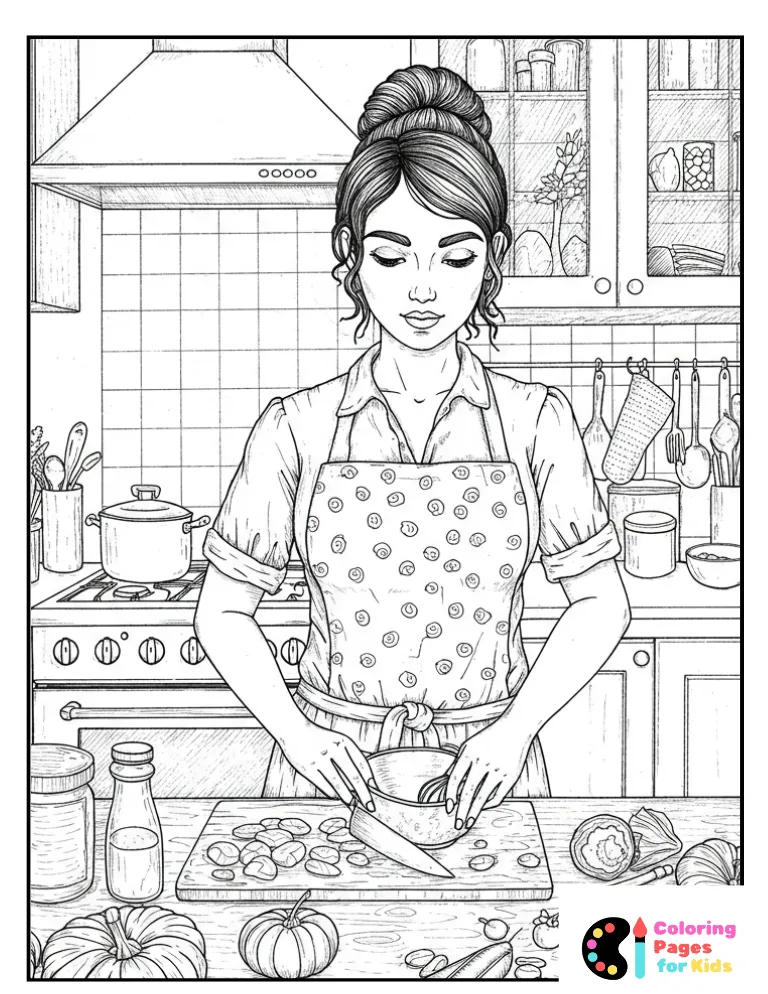 woman preparing food in the kitchen coloring sheet