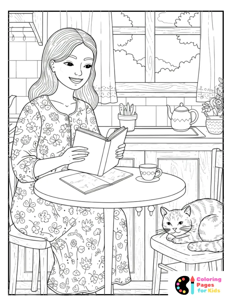 woman reading with cat in kitchen coloring sheet