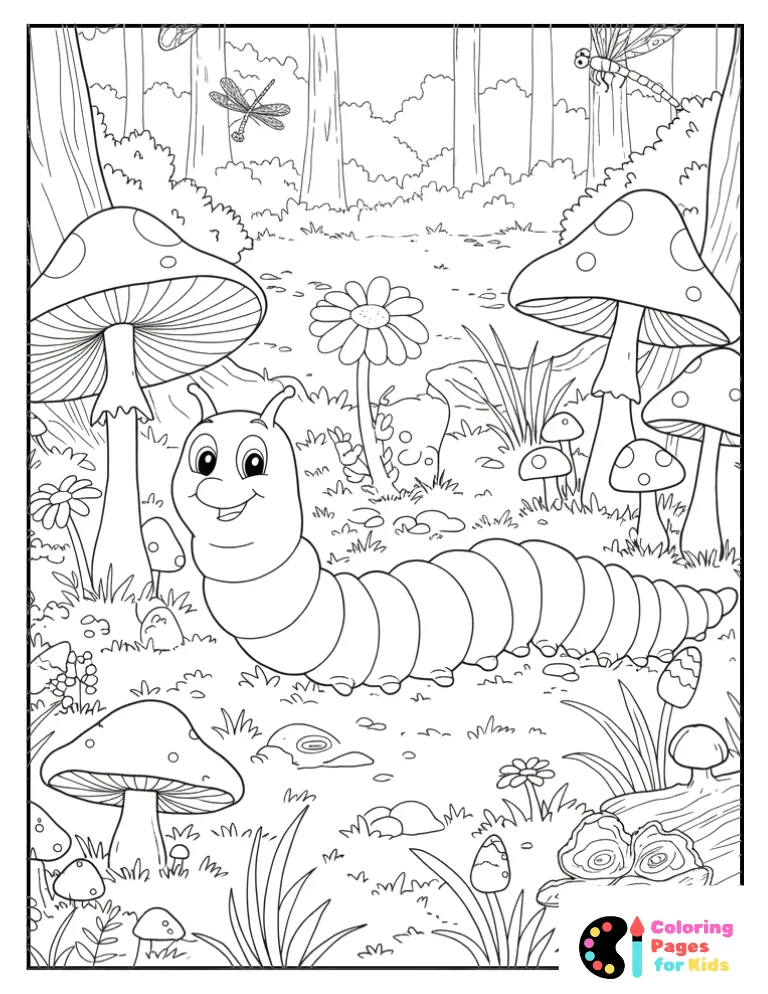 worm and mushroom in a forest clearing coloring page