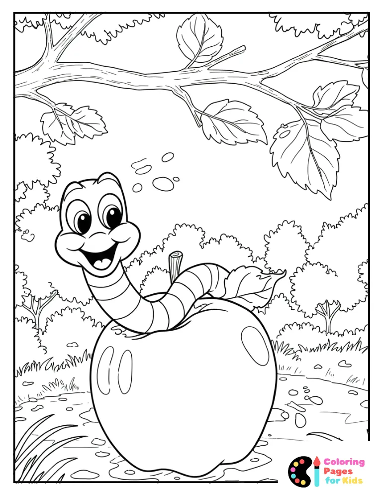 worm popping from apple in orchard coloring sheet