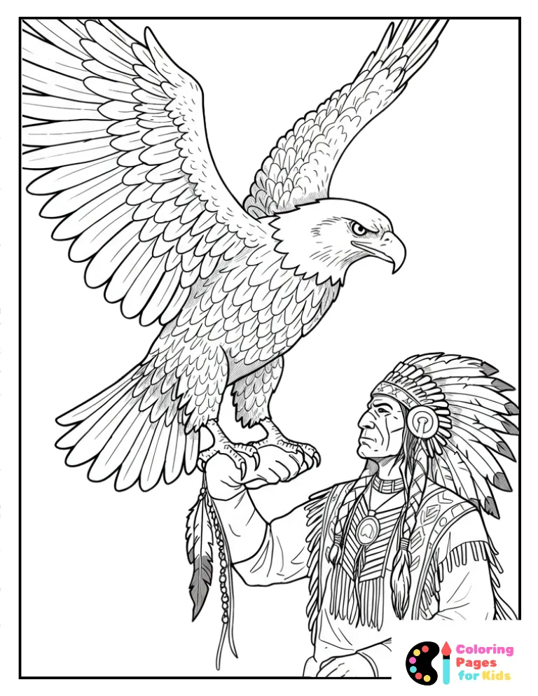 Eagle Perched On Native American Warrior’s Arm Coloring Page