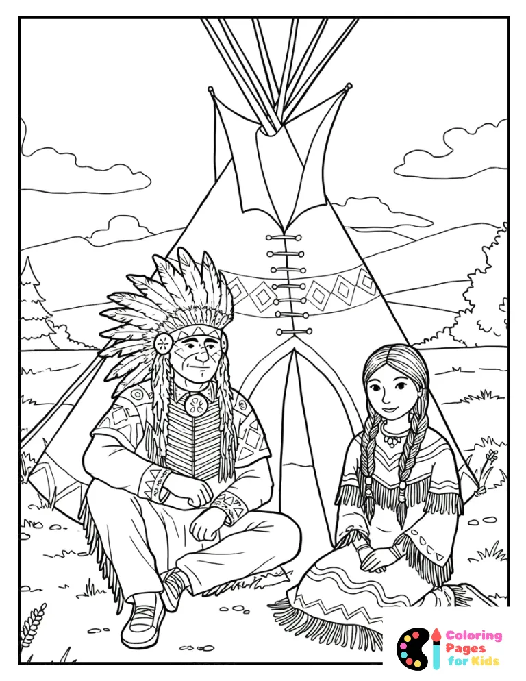 Native American Chief And His Wife Sitting Outside Tepee