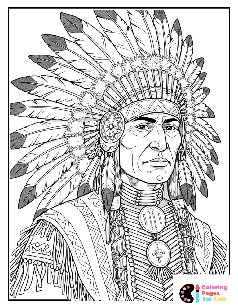 Native American Chief Wearing Headdress And Traditional Clothing Coloring Page