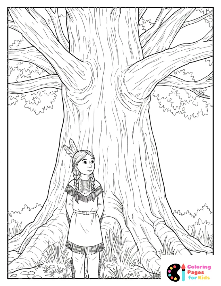 Native American Woman Standing In The Forest Coloring Page