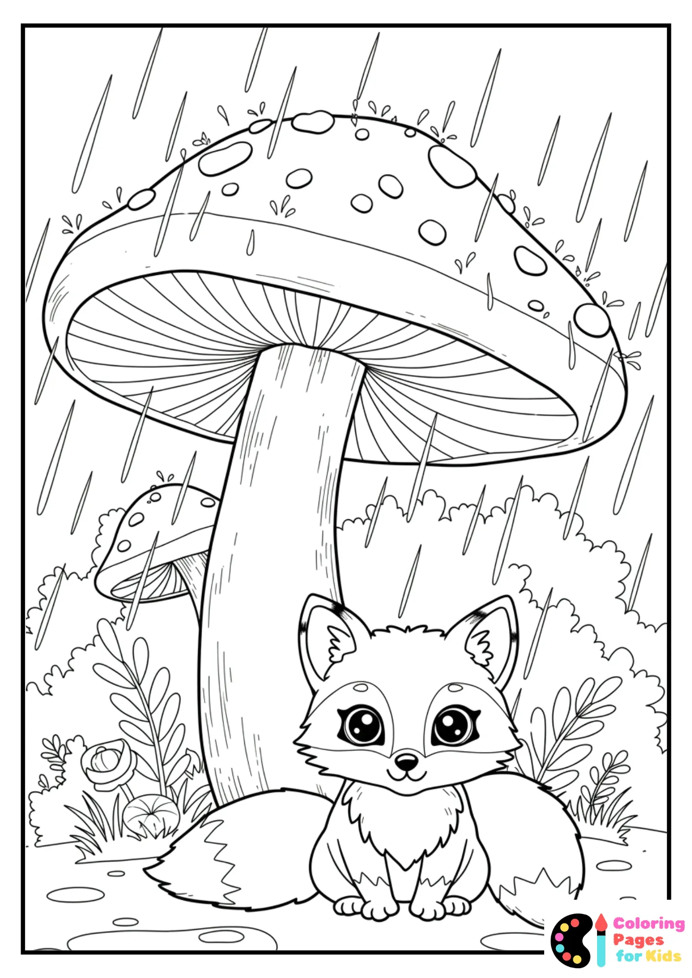 baby fox under mushroom rain coloring page
