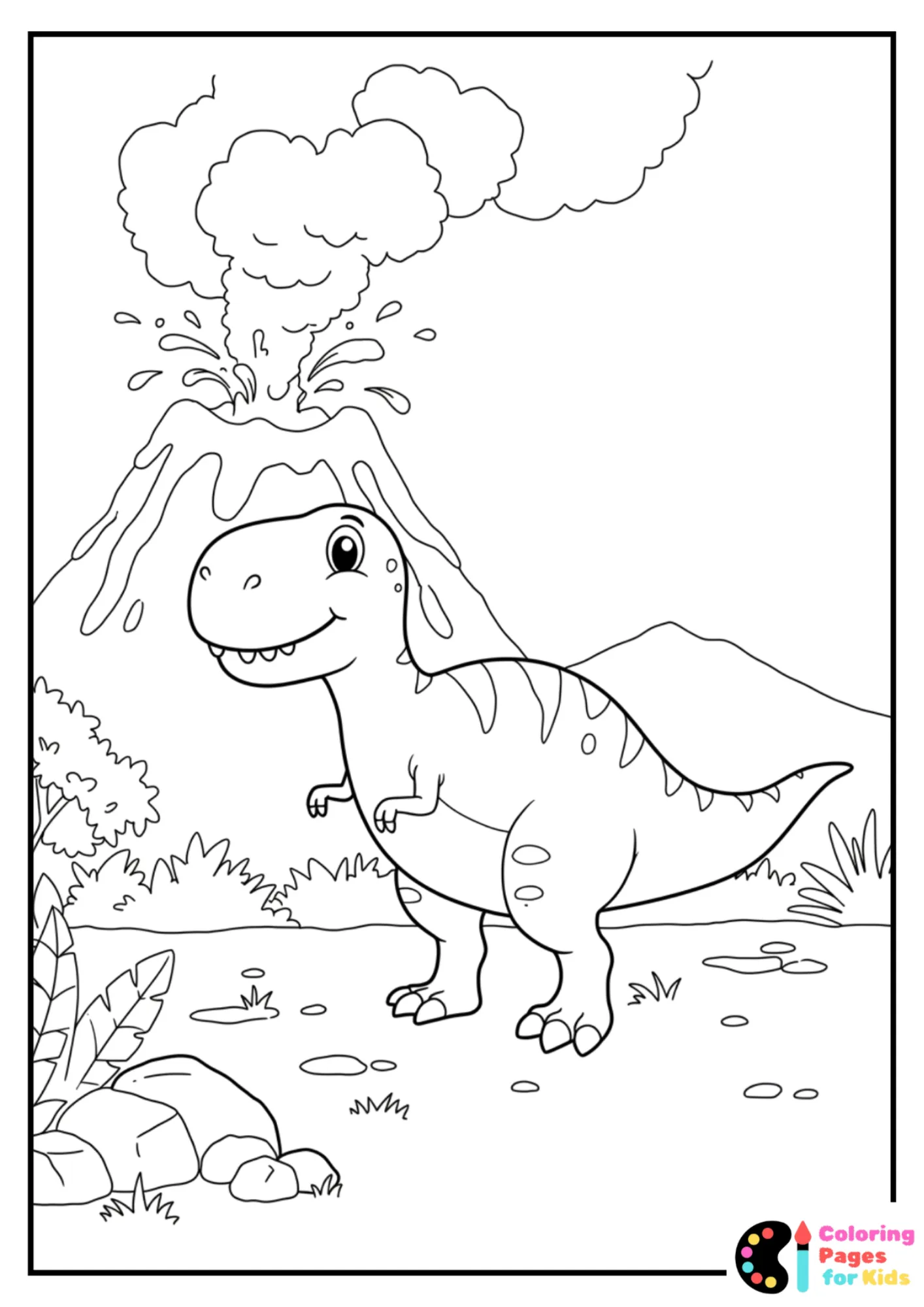 cartoon t-rex with volcano coloring page