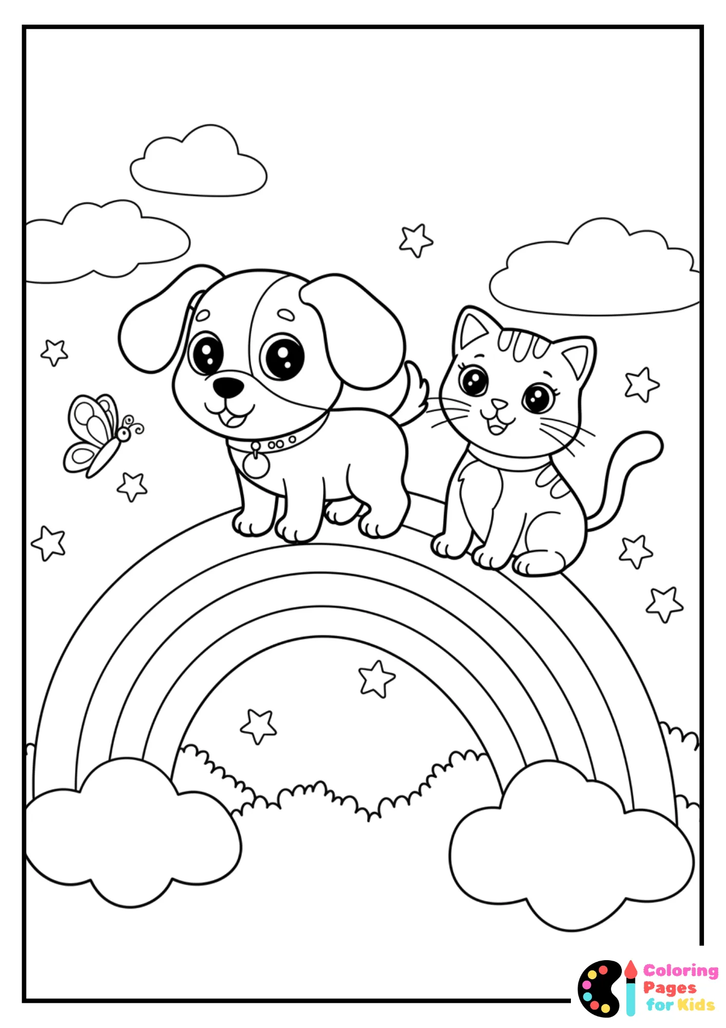 dog and cat on rainbow coloring page