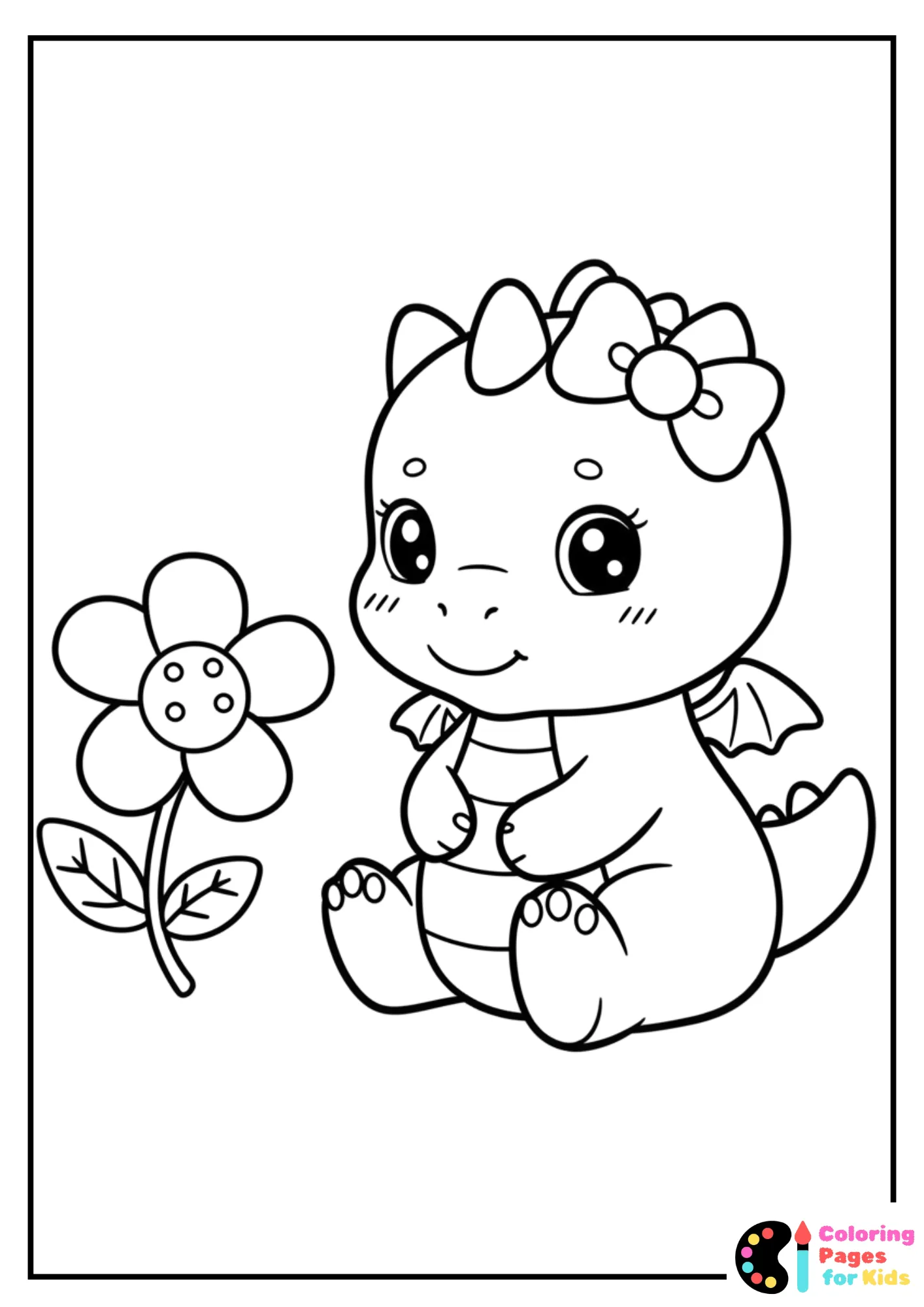 dragon with bow and flowers coloring page