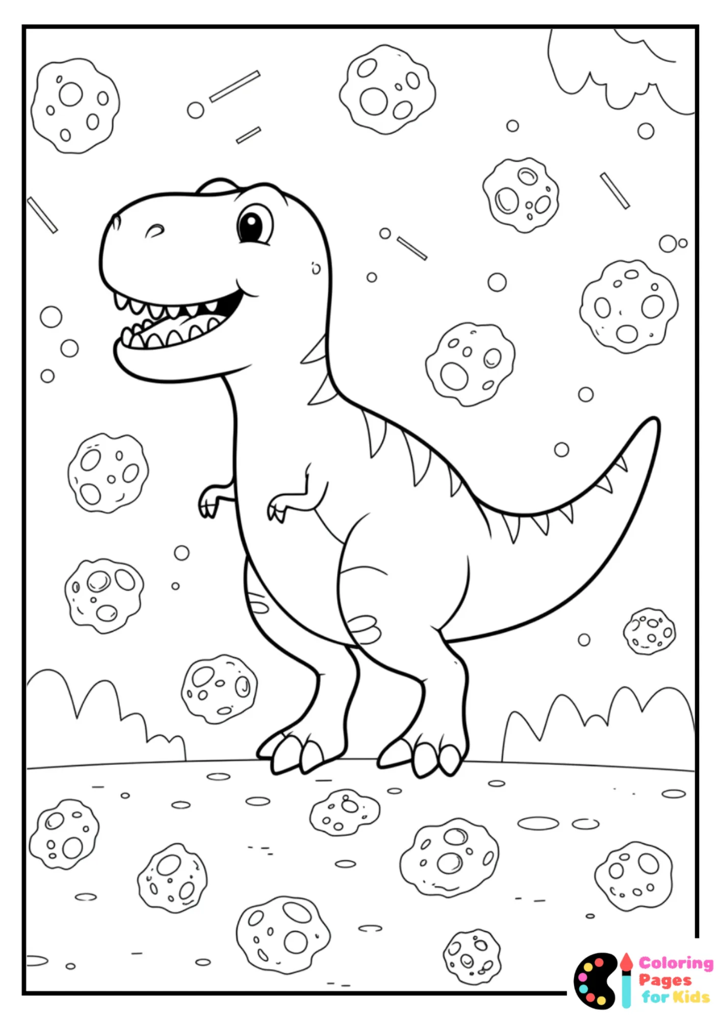 easy t-rex with asteroids coloring sheet