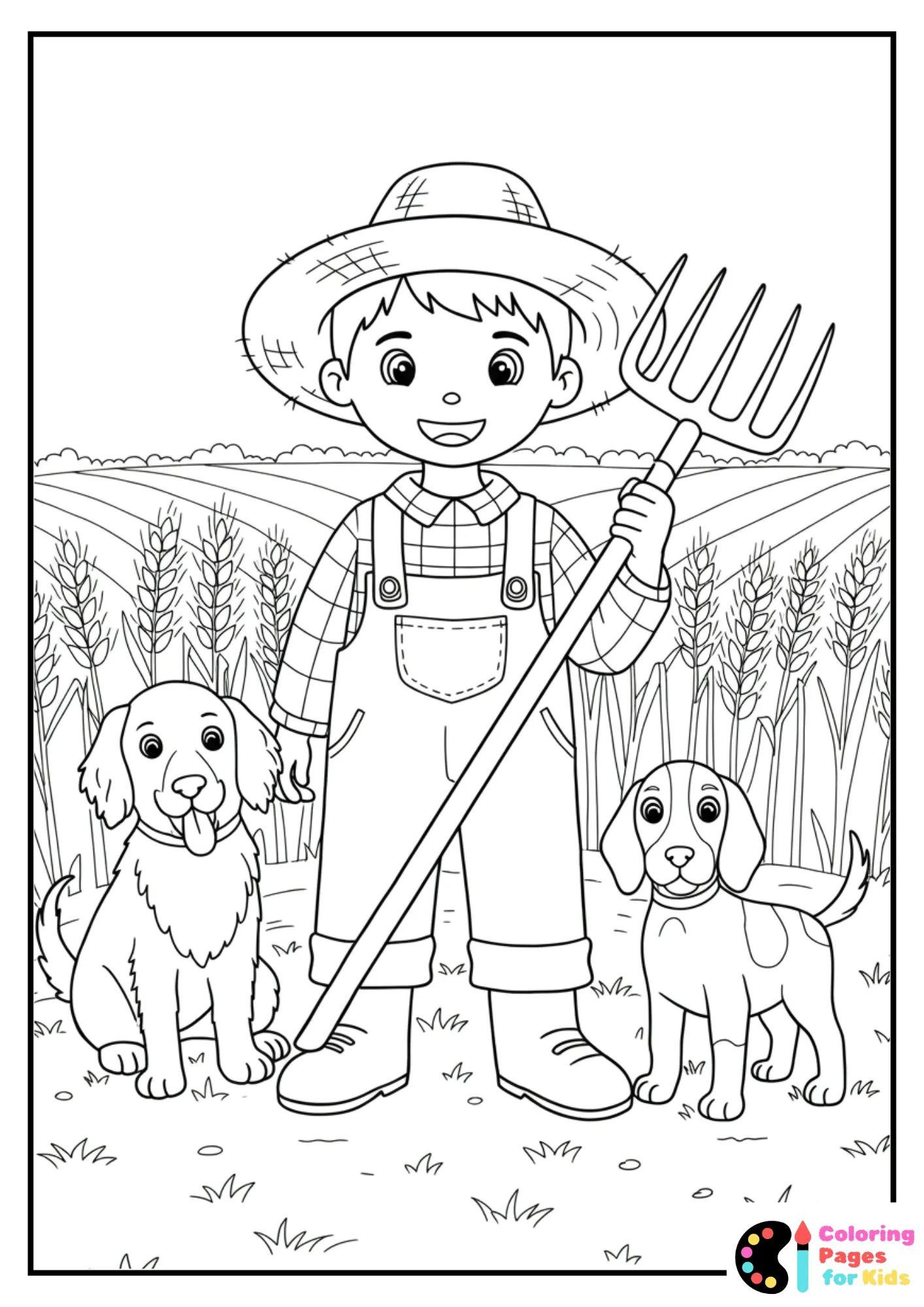 farmer boy with two dogs coloring sheet